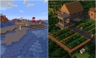 A double village and a mushroom biome can be found in this seed (Image via Minecraft)